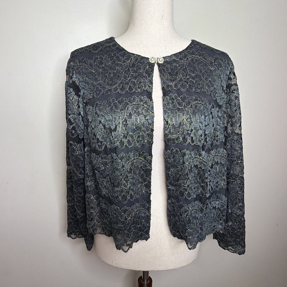 Jessica Howard Woman 14 14W Lacy Cocktail Sheath Dress & Jacket Set BLACK Gold - Picture 2 of 11